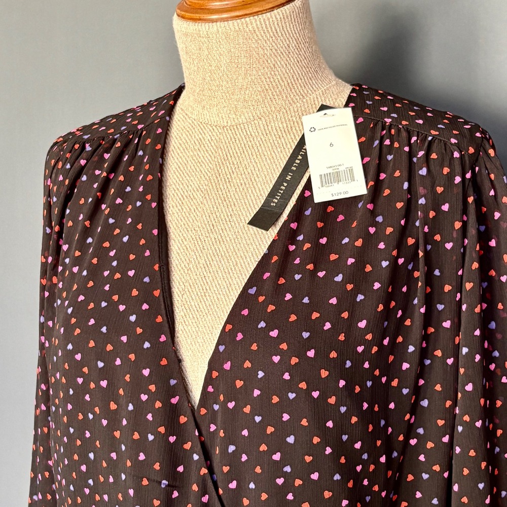New Banana Republic Heart Print Wrap Dress Black Pink Ruffle Mini | Size 6 |
